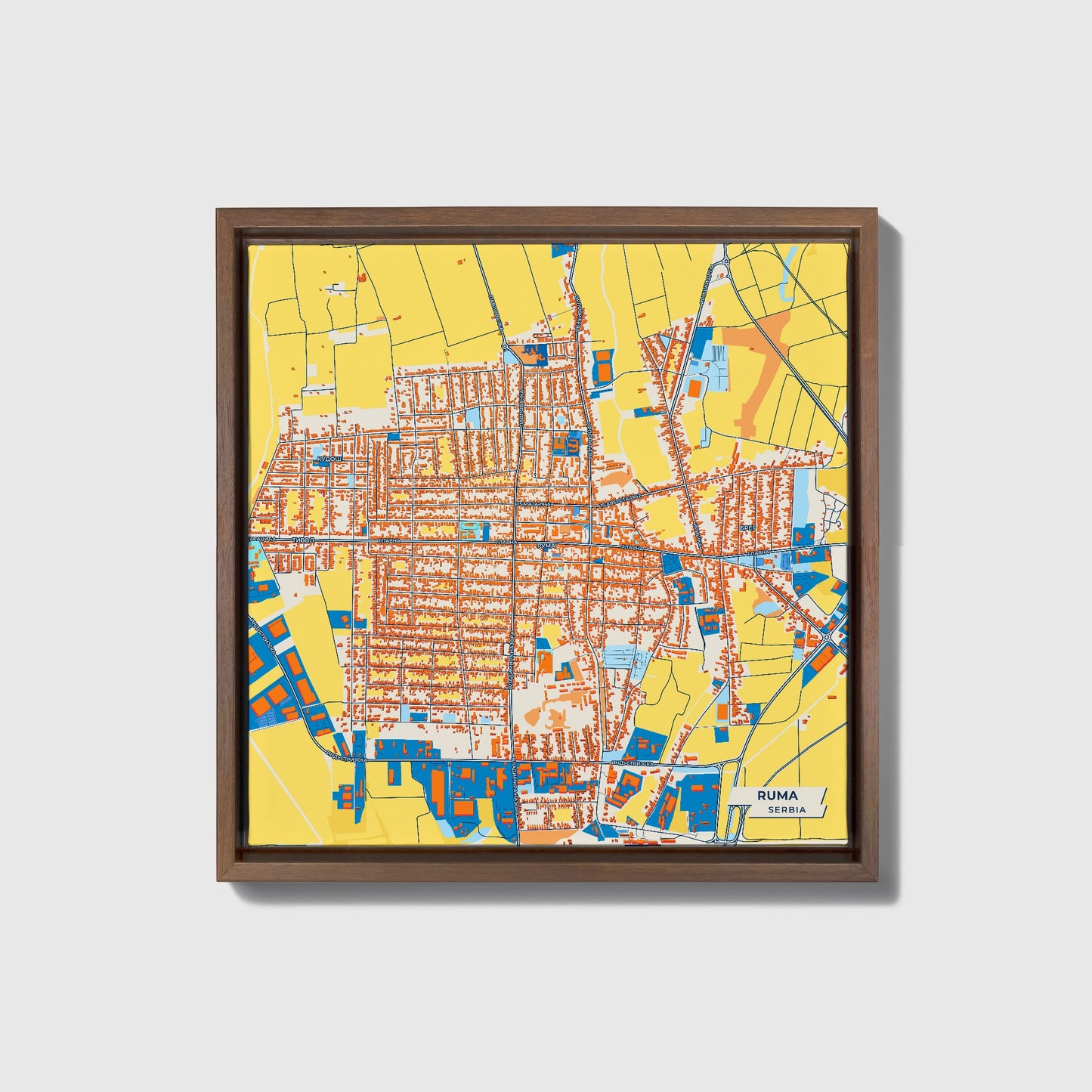Рума Serbia Colorful City Map Canvas Print • Dark Wooden Framed