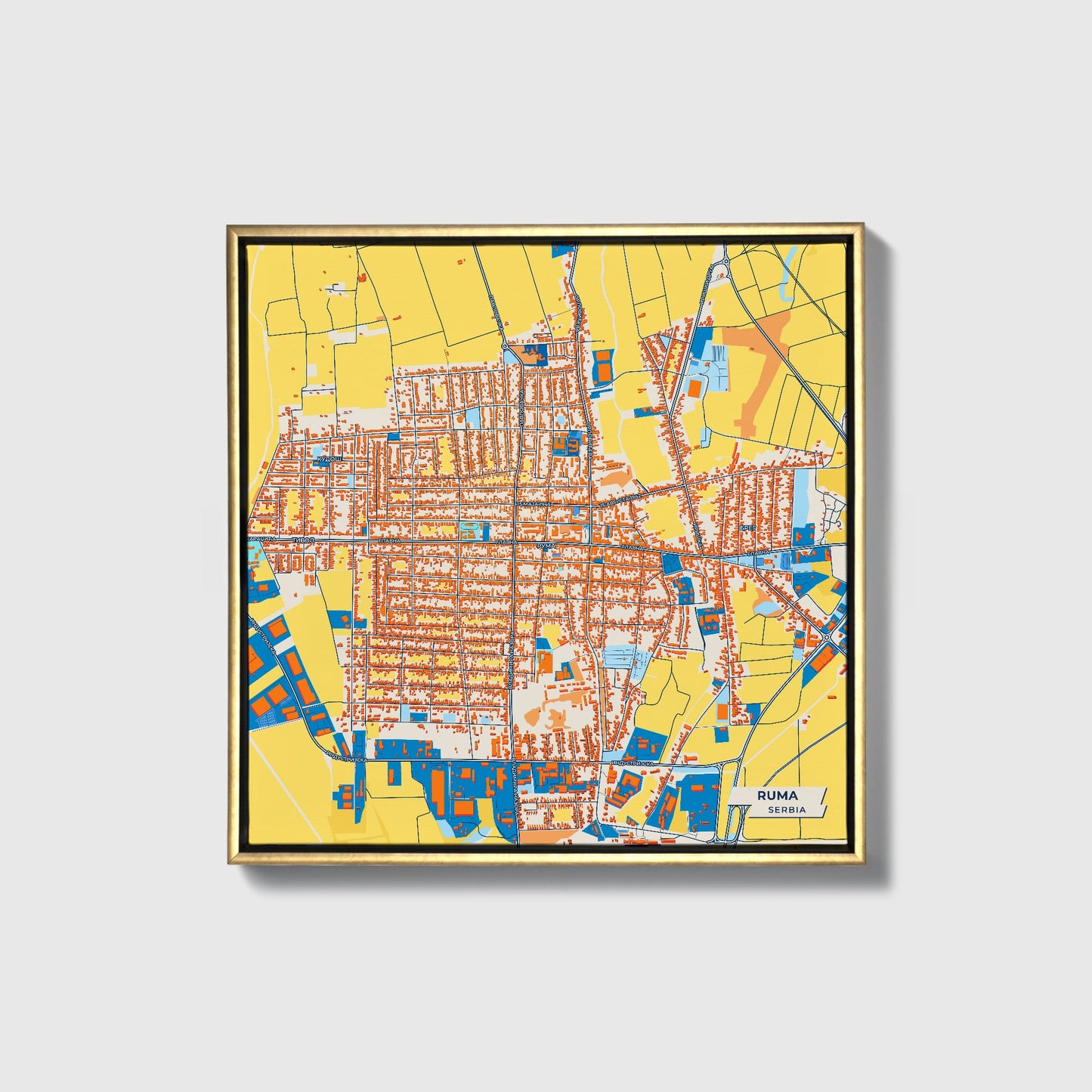 Рума Serbia Colorful City Map Canvas Print • Gold Framed