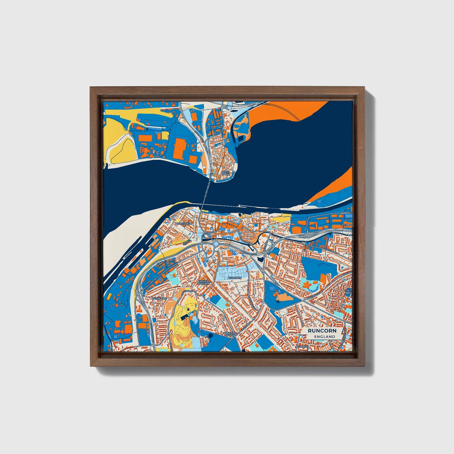 Runcorn England Colorful City Map Canvas Print • Dark Wooden Framed