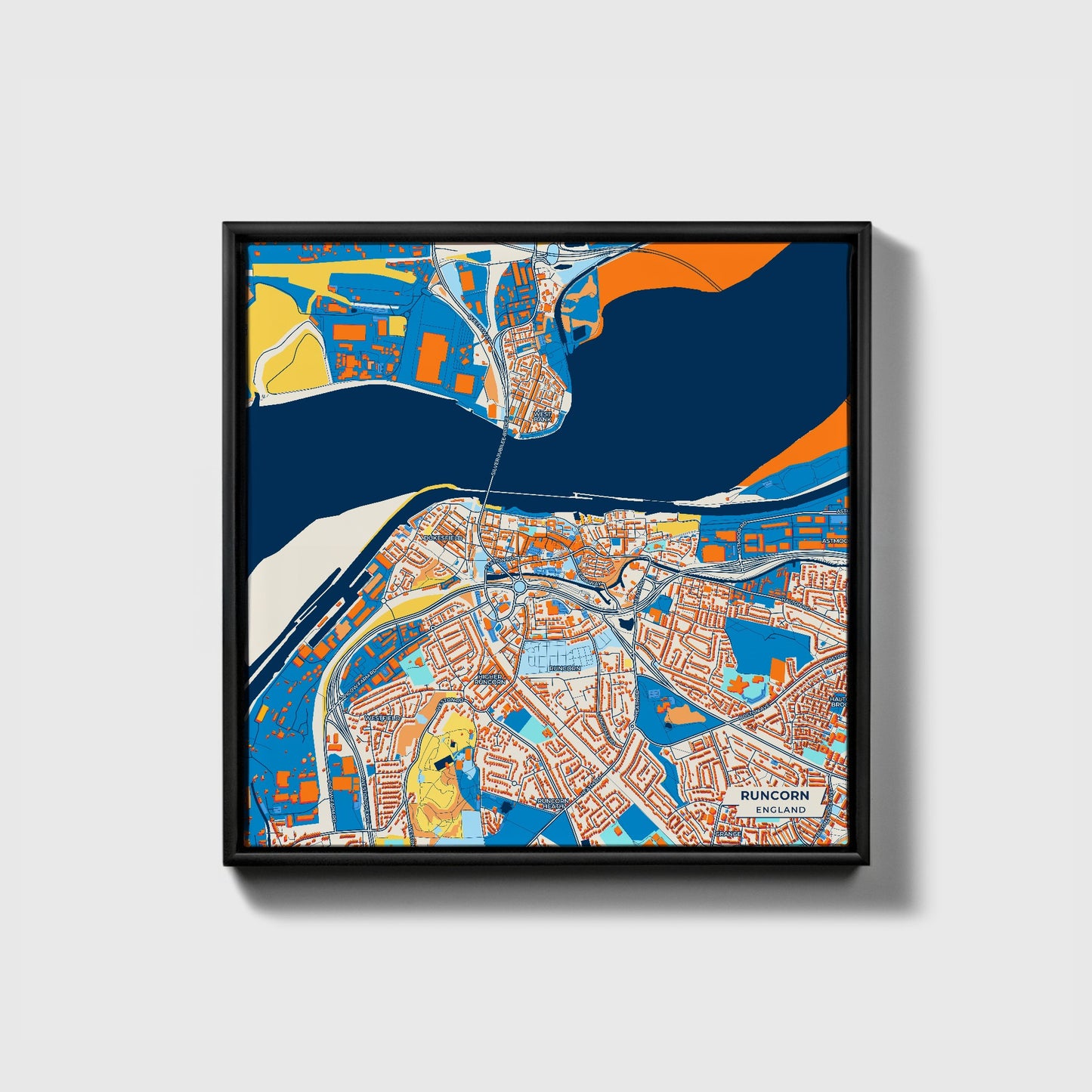 Runcorn England Colorful City Map Canvas Print • Black Framed