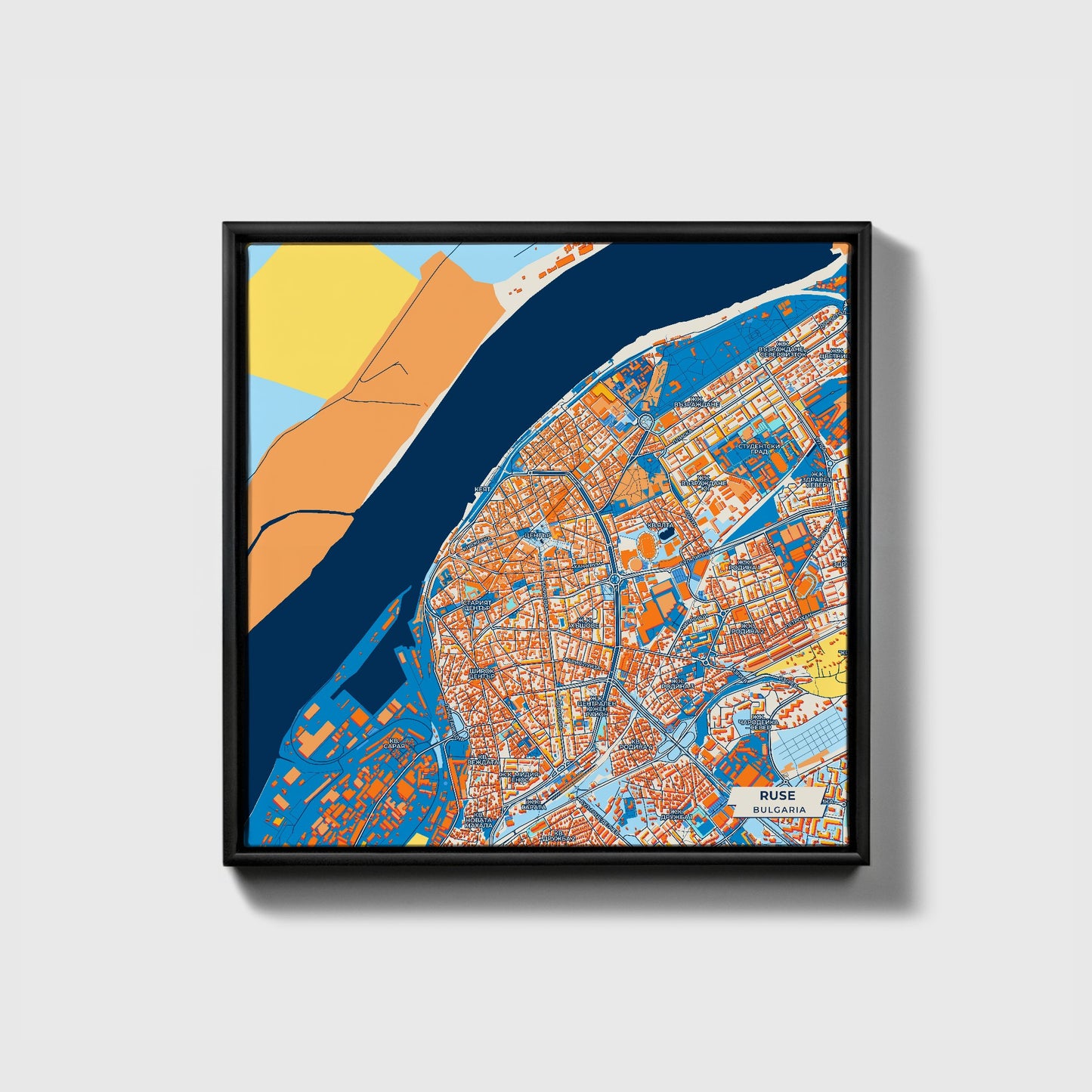 Русе Bulgaria Colorful City Map Canvas Print • Black Framed