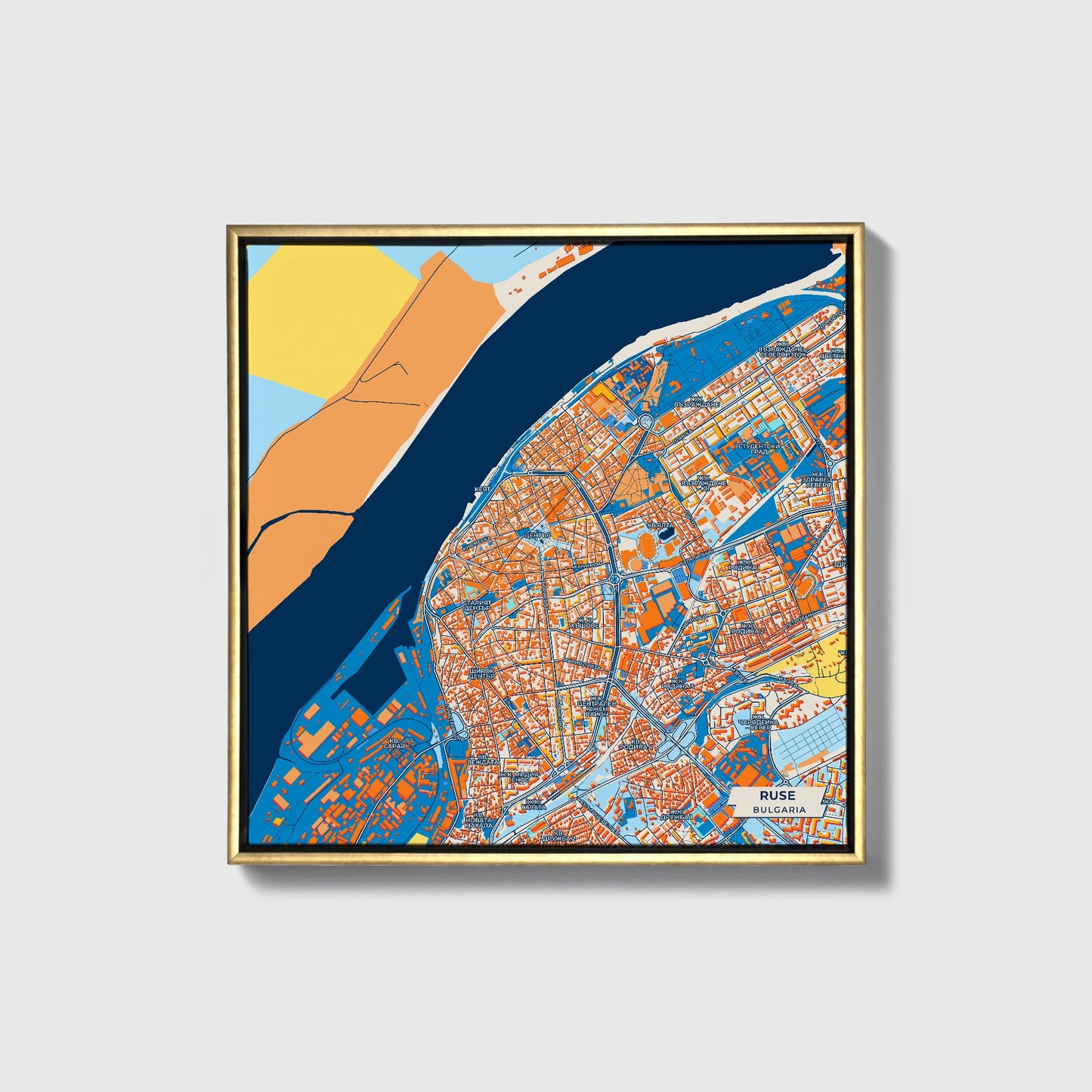 Русе Bulgaria Colorful City Map Canvas Print • Gold Framed