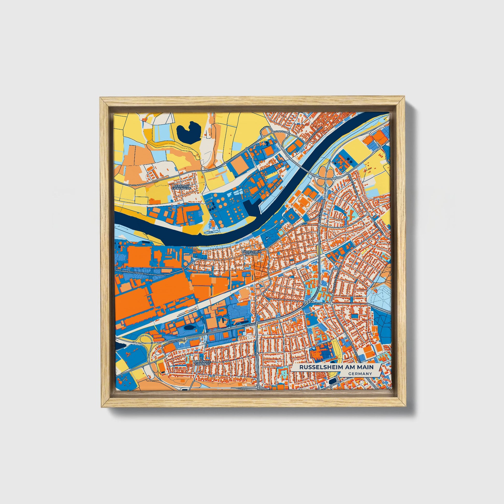 Rüsselsheim Am Main Germany Colorful City Map Canvas Print • Natural Wooden Framed