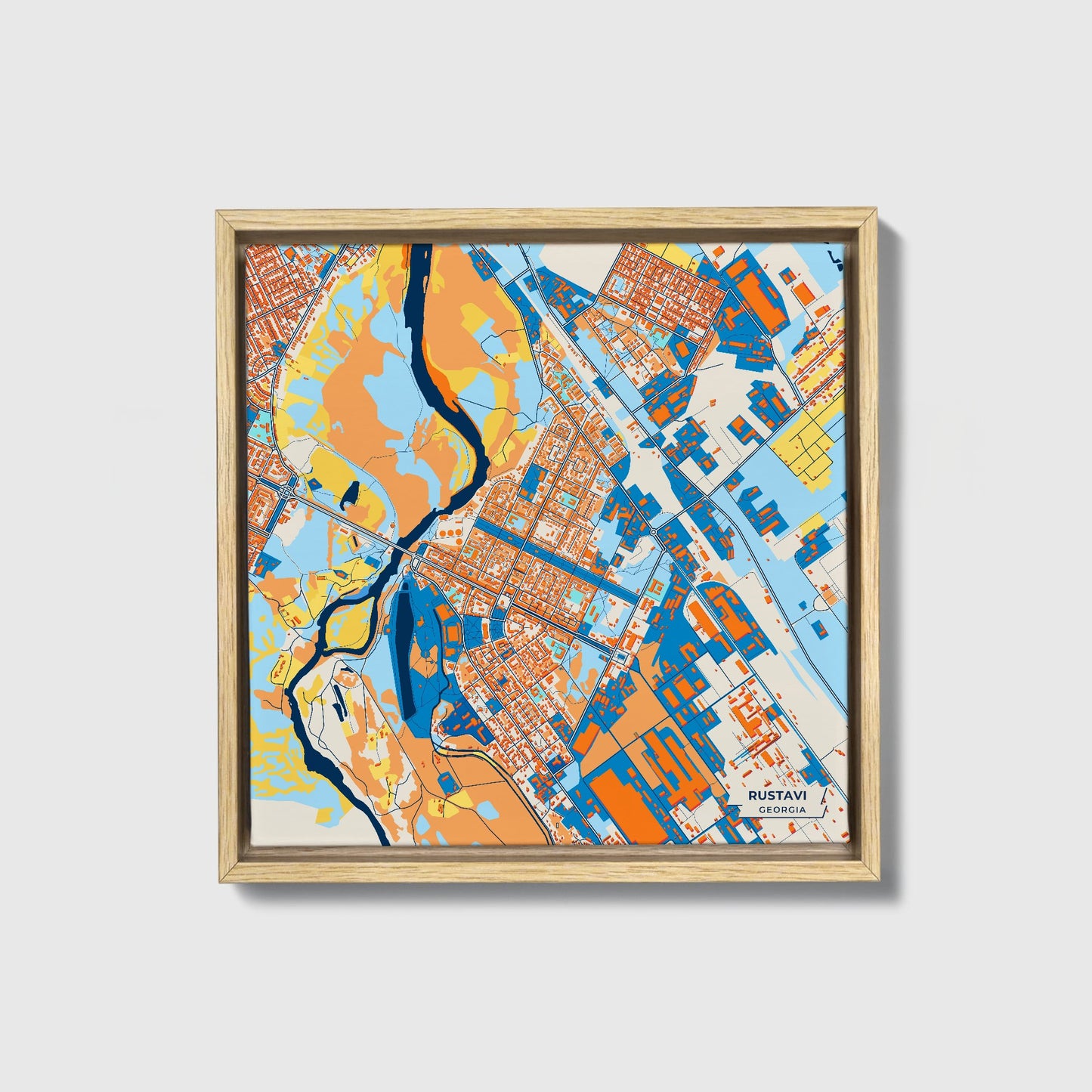 Rustavi Georgia Colorful City Map Canvas Print • Natural Wooden Framed