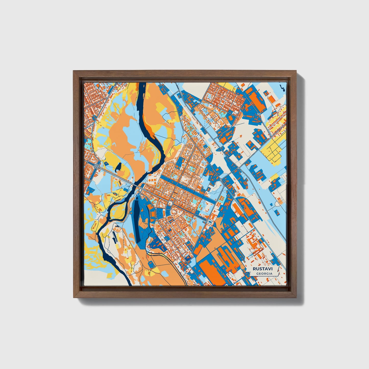 Rustavi Georgia Colorful City Map Canvas Print • Dark Wooden Framed