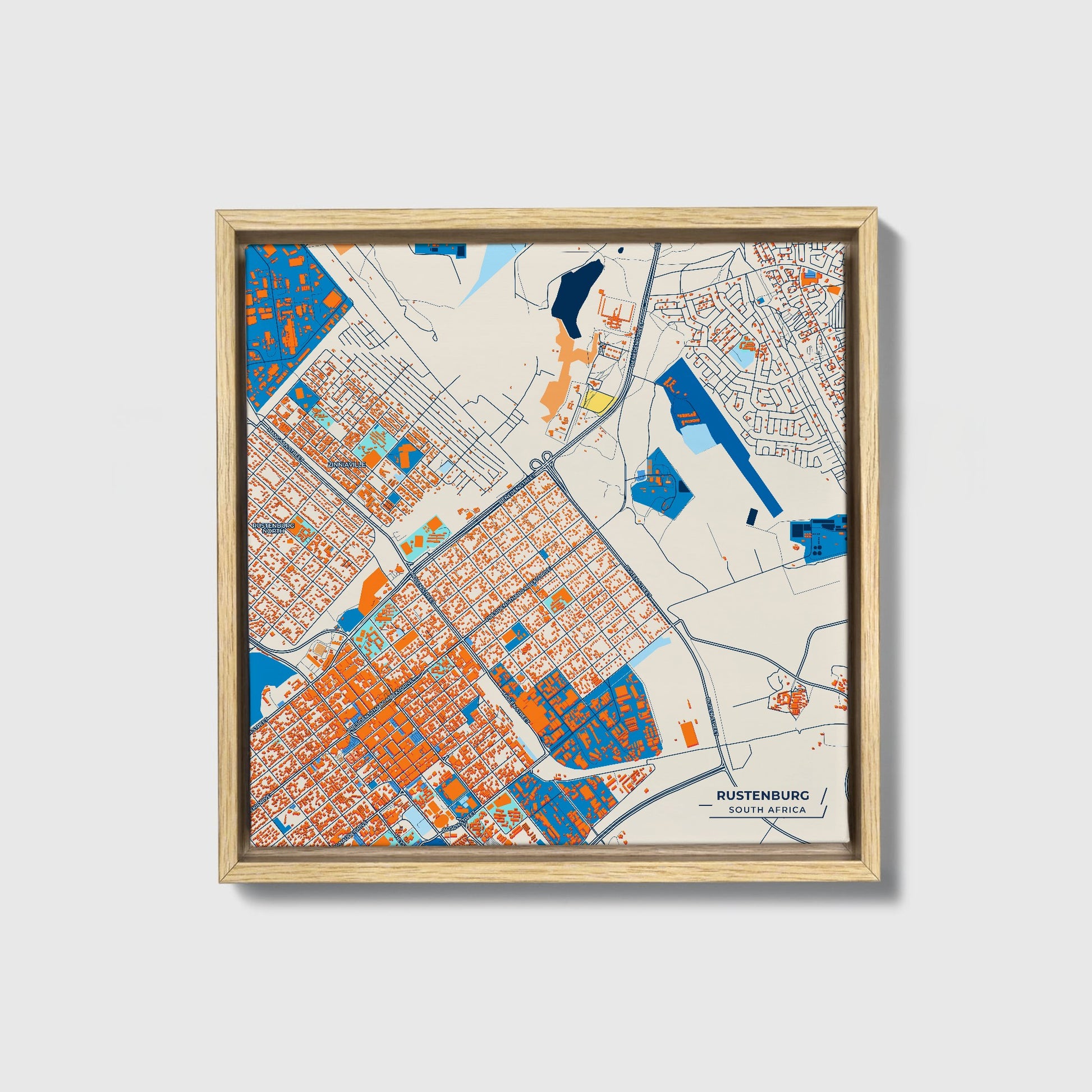 Rustenburg South Africa Colorful City Map Canvas Print • Natural Wooden Framed