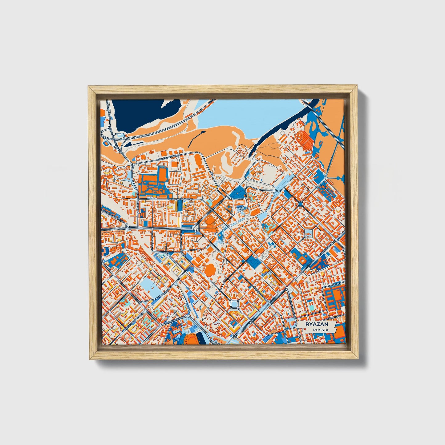 Рязанский Russia Colorful City Map Canvas Print • Natural Wooden Framed