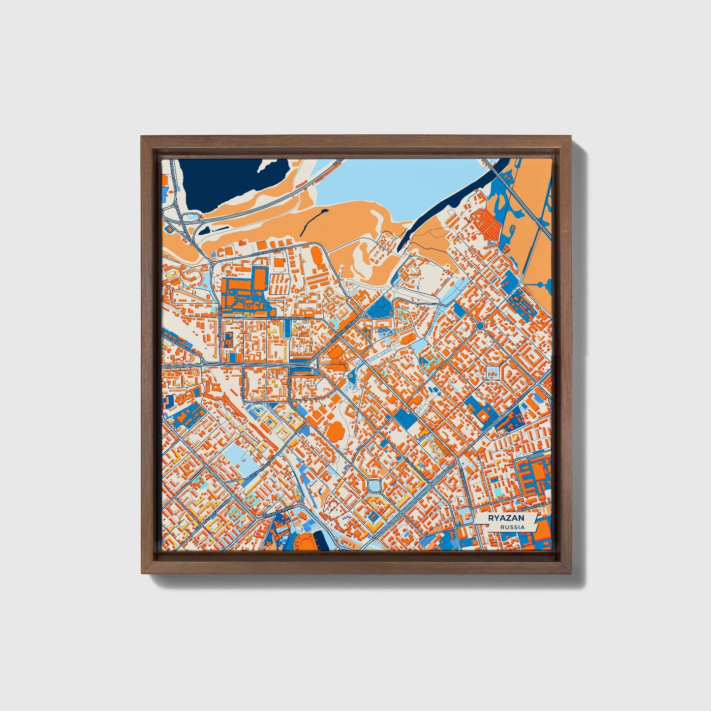 Рязанский Russia Colorful City Map Canvas Print • Dark Wooden Framed