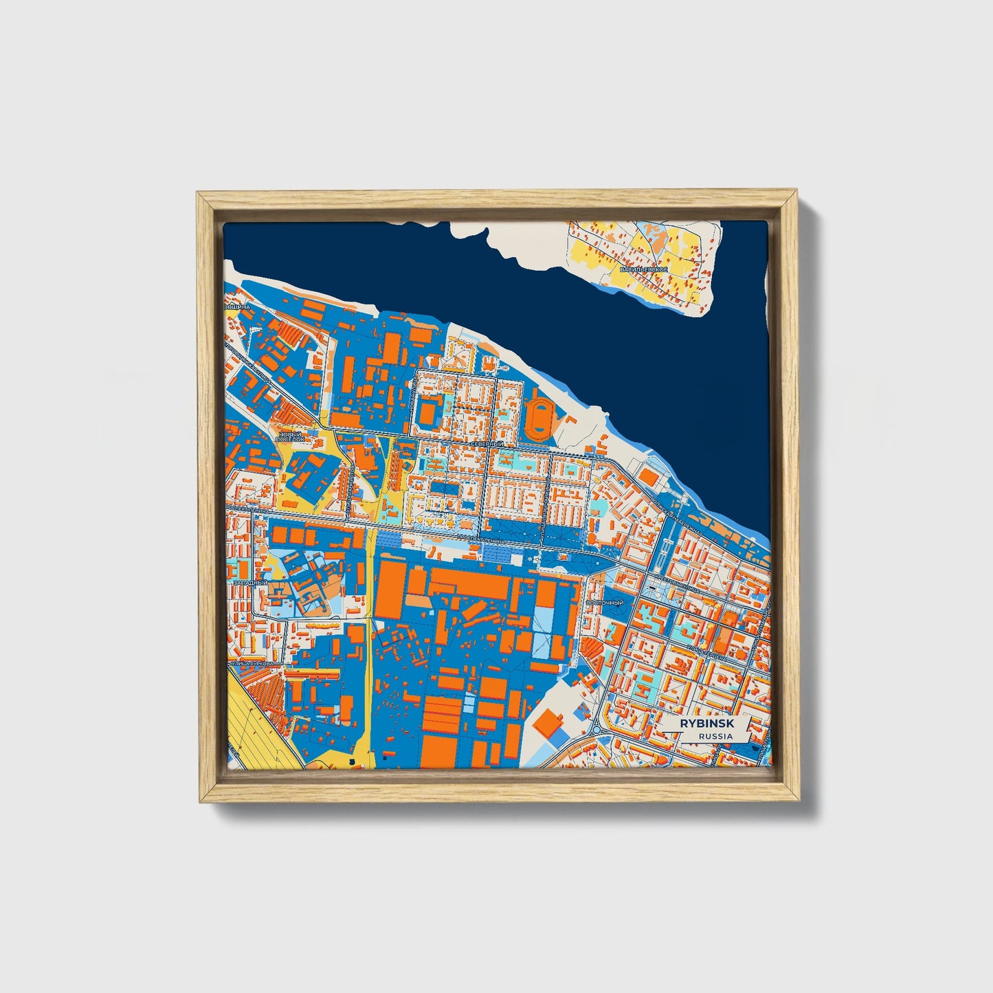Рыбинск Russia Colorful City Map Canvas Print • Natural Wooden Framed