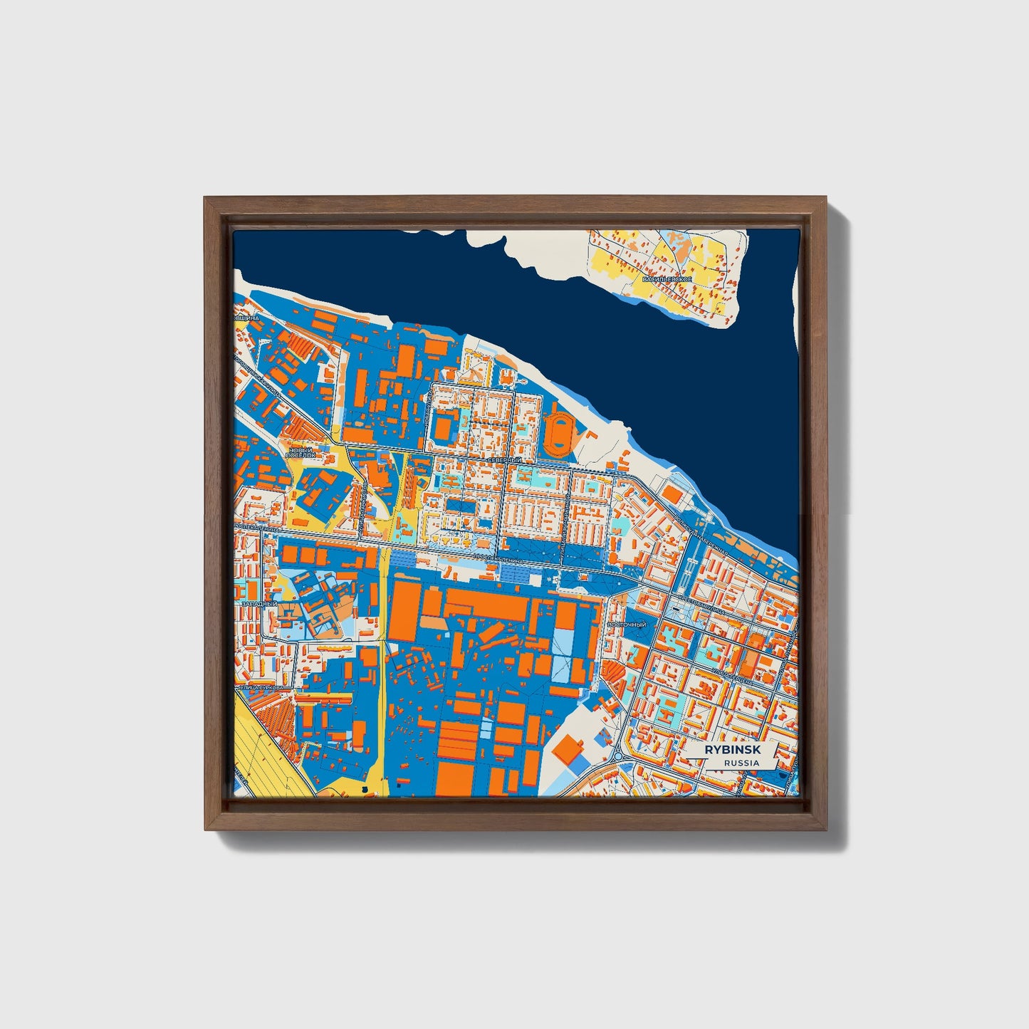 Рыбинск Russia Colorful City Map Canvas Print • Dark Wooden Framed