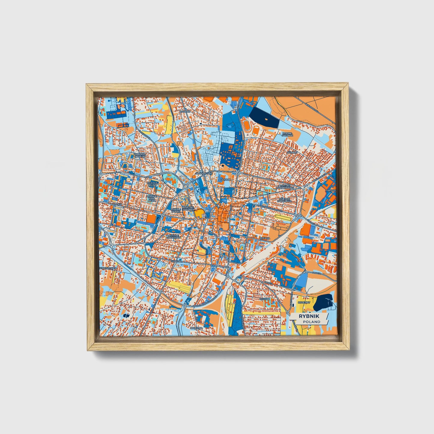 Rybnik Poland Colorful City Map Canvas Print • Natural Wooden Framed