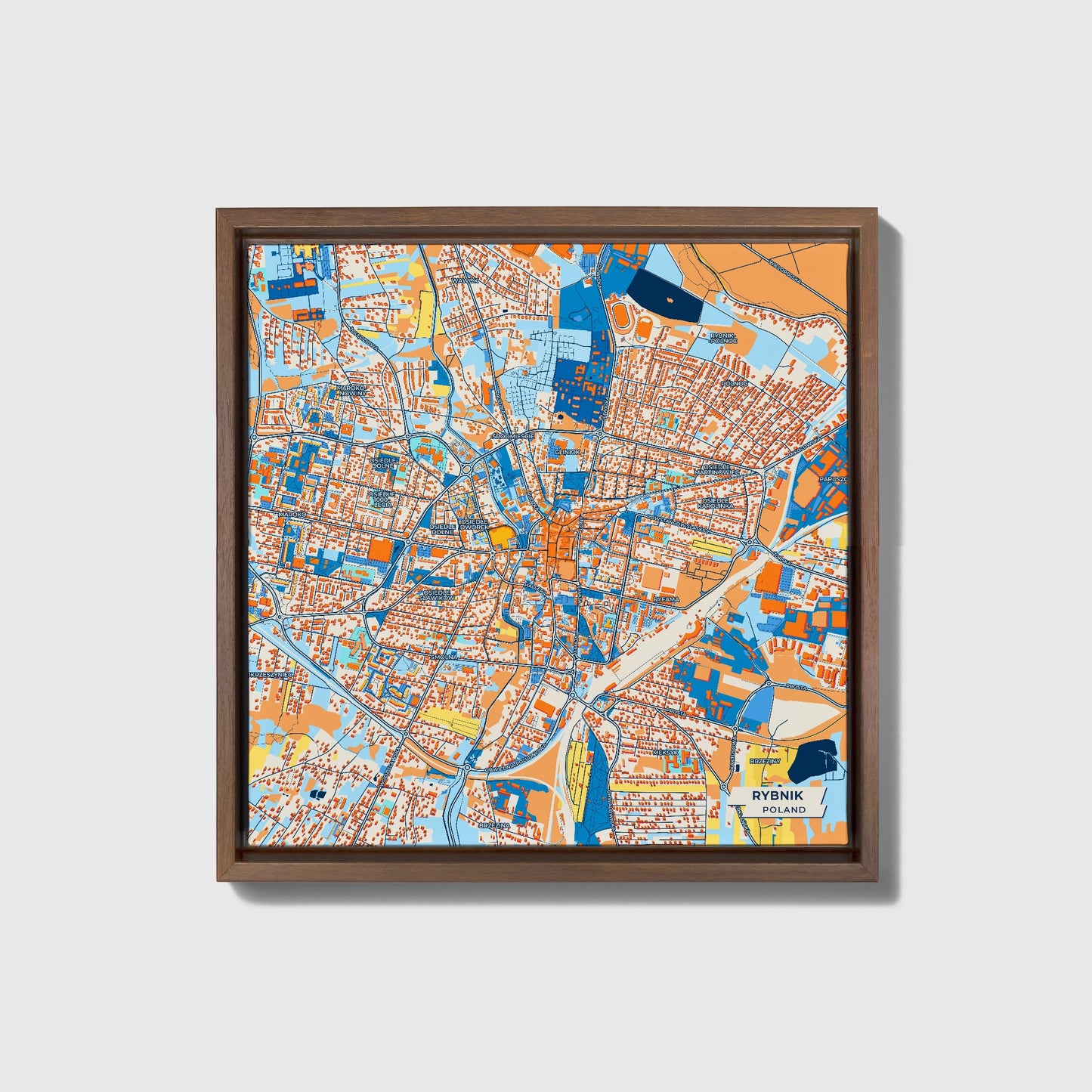 Rybnik Poland Colorful City Map Canvas Print • Dark Wooden Framed