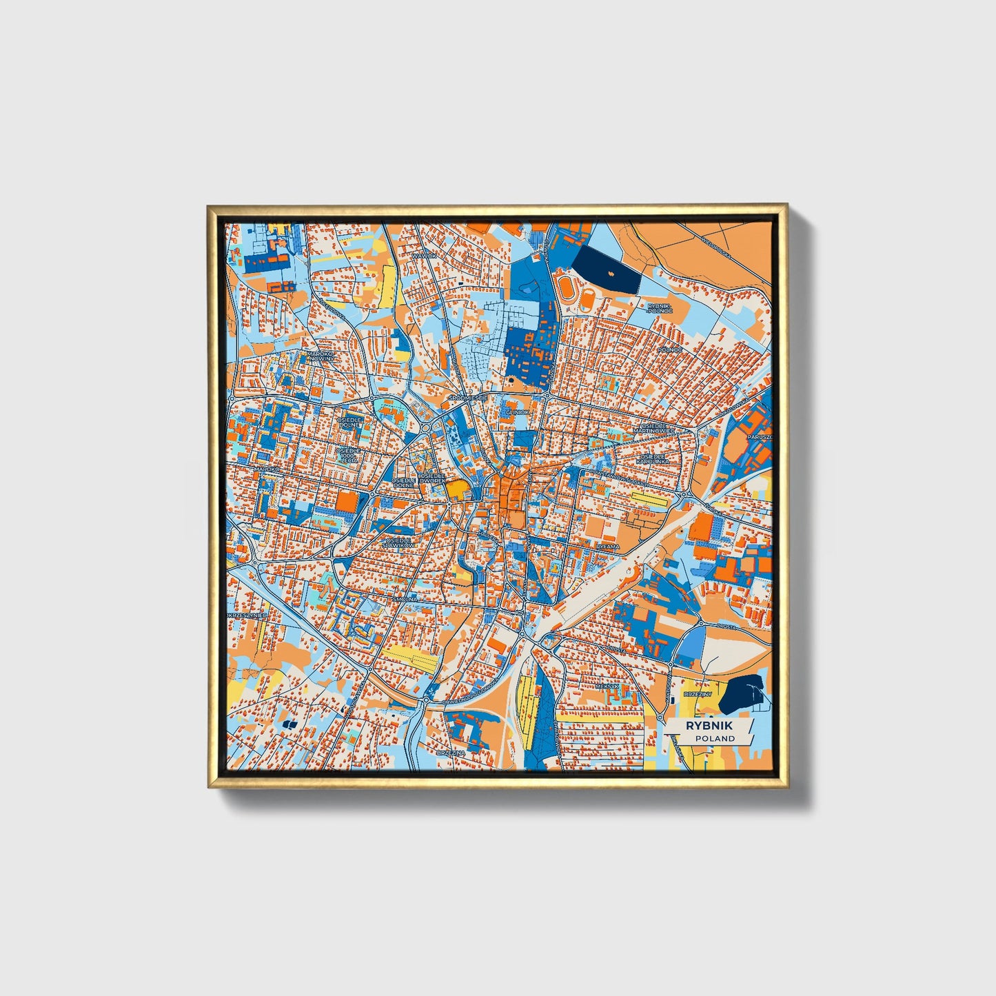 Rybnik Poland Colorful City Map Canvas Print • Gold Framed