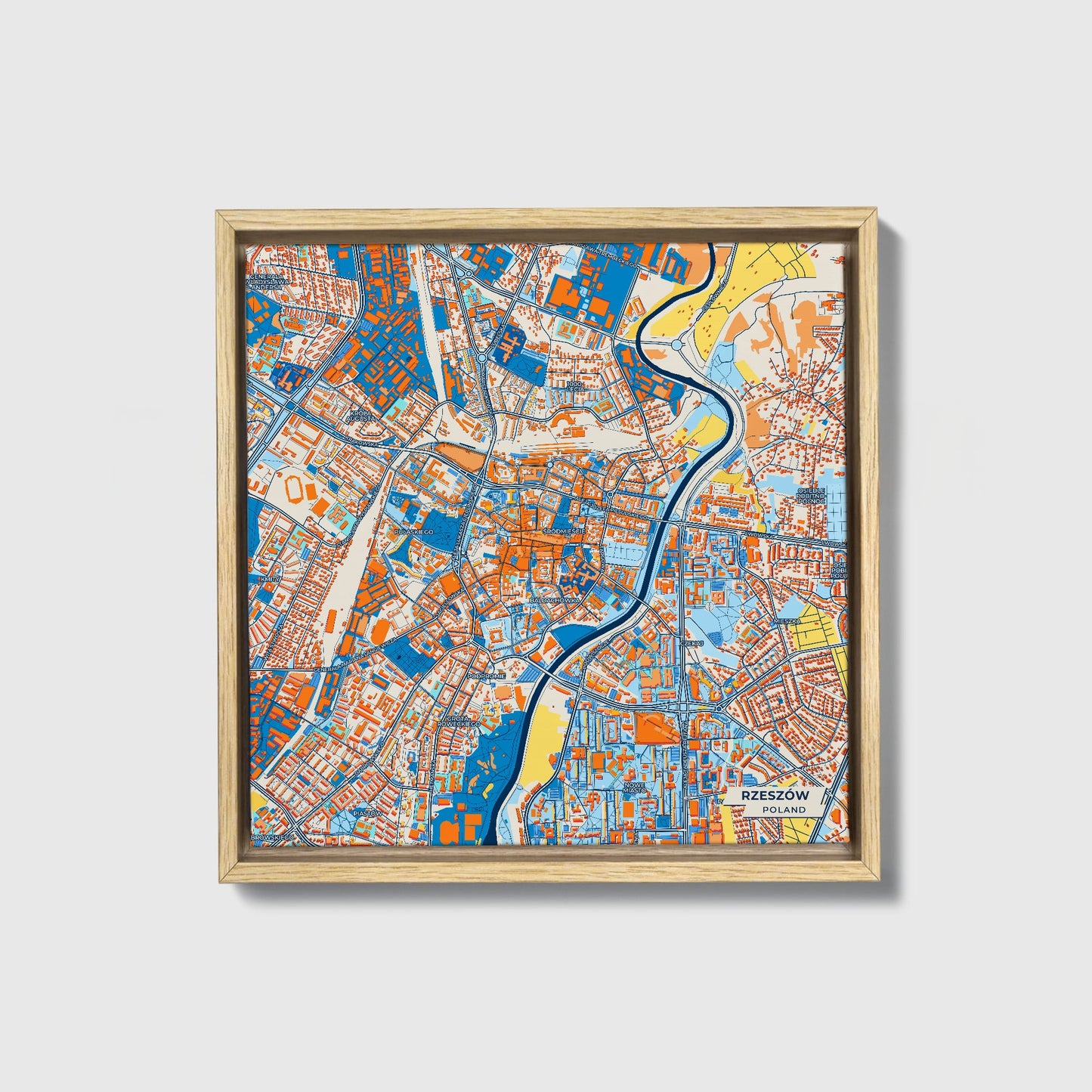 Rzeszów Poland Colorful City Map Canvas Print • Natural Wooden Framed