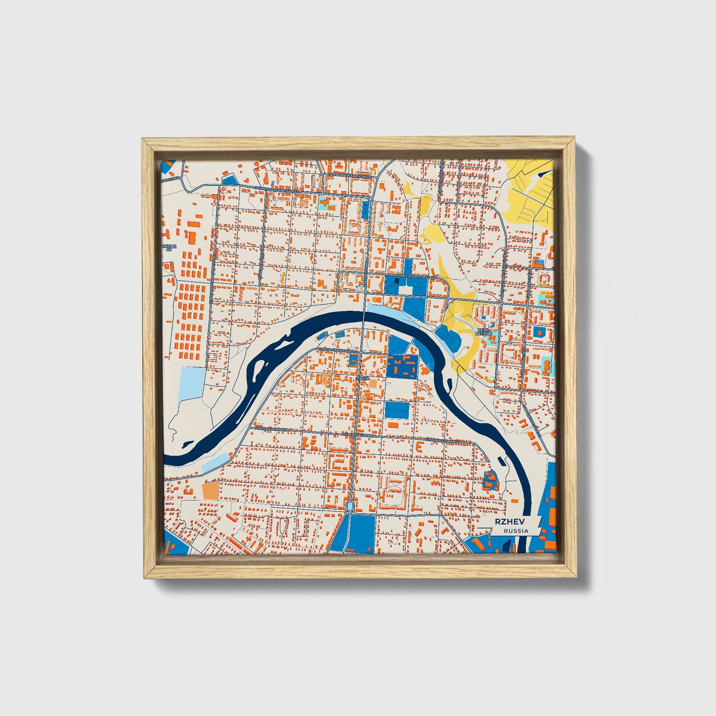 Ржеве Russia Colorful City Map Canvas Print • Natural Wooden Framed