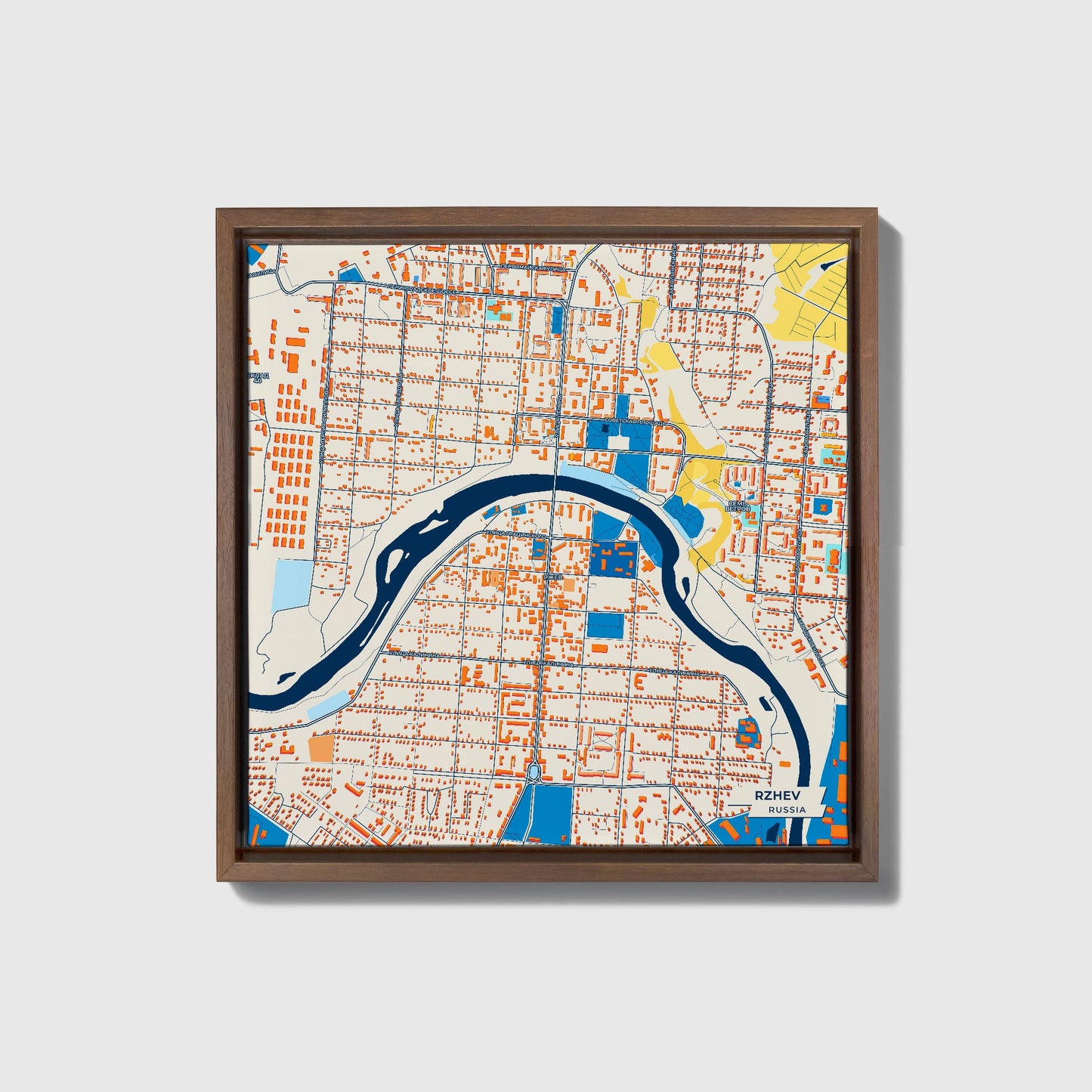 Ржеве Russia Colorful City Map Canvas Print • Dark Wooden Framed