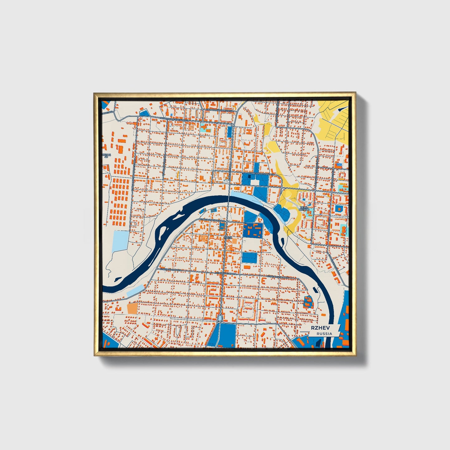 Ржеве Russia Colorful City Map Canvas Print • Gold Framed