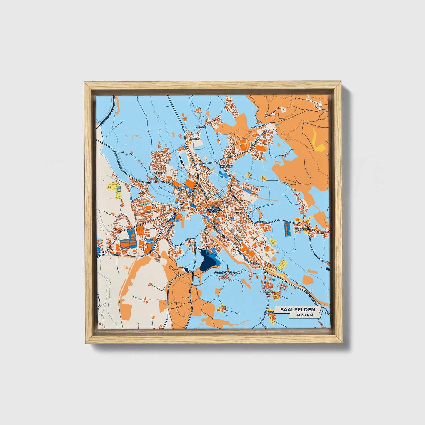 Saalfelden Austria Colorful City Map Canvas Print • Natural Wooden Framed