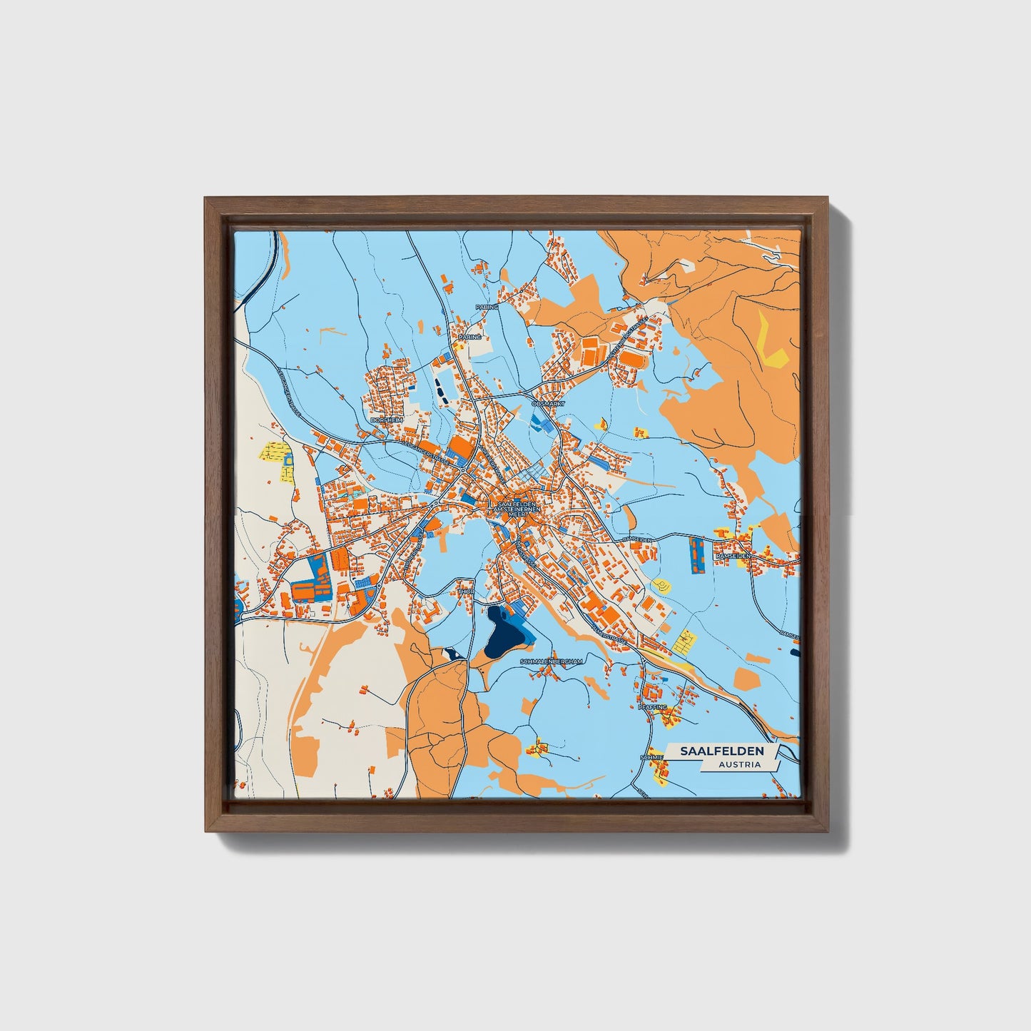 Saalfelden Austria Colorful City Map Canvas Print • Dark Wooden Framed