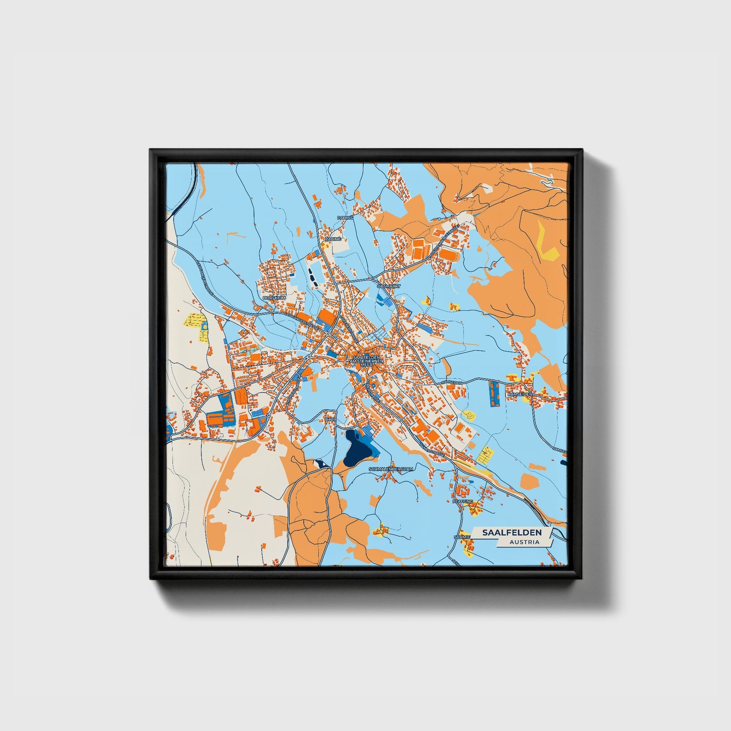 Saalfelden Austria Colorful City Map Canvas Print • Black Framed