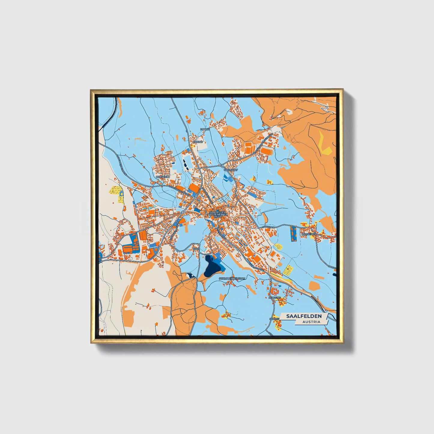 Saalfelden Austria Colorful City Map Canvas Print • Gold Framed