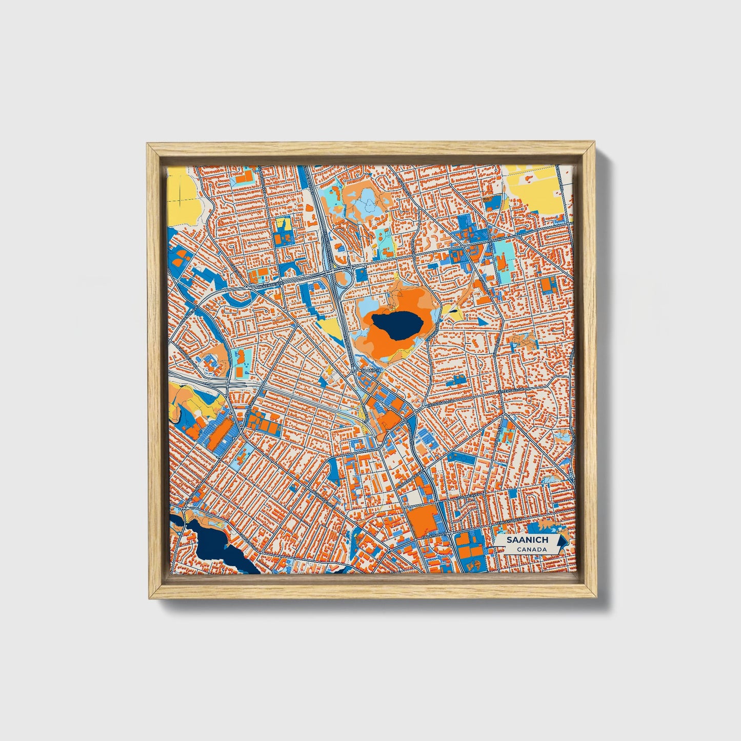 Saanich Canada Colorful City Map Canvas Print • Natural Wooden Framed