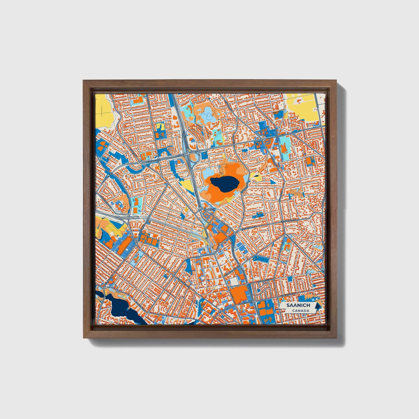 Saanich Canada Colorful City Map Canvas Print • Dark Wooden Framed