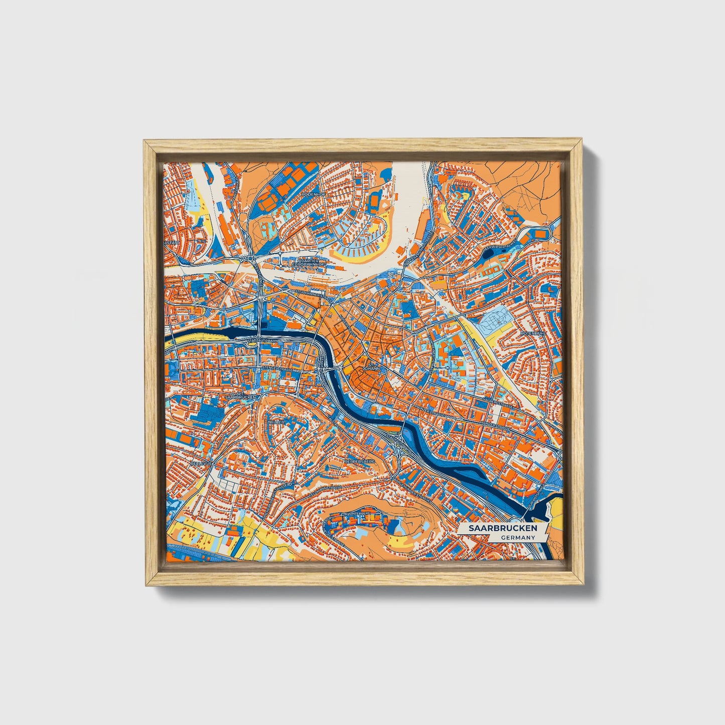 Saarbrücken Germany Colorful City Map Canvas Print • Natural Wooden Framed