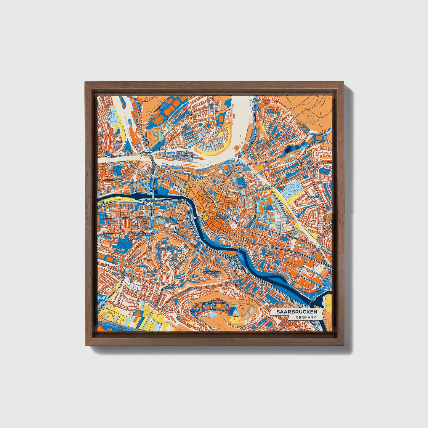 Saarbrücken Germany Colorful City Map Canvas Print • Dark Wooden Framed