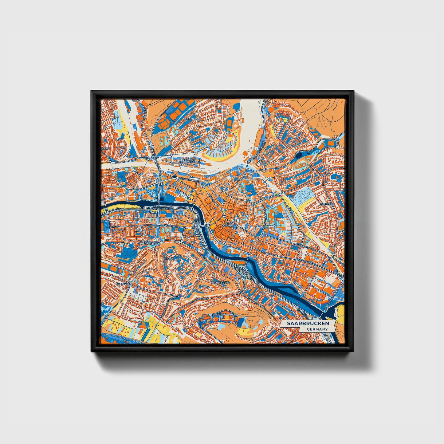 Saarbrücken Germany Colorful City Map Canvas Print • Black Framed