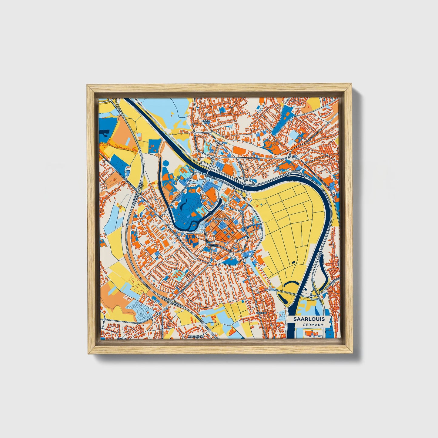 Saarlouis Germany Colorful City Map Canvas Print • Natural Wooden Framed