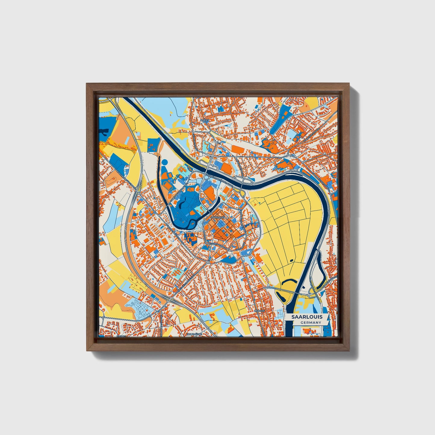 Saarlouis Germany Colorful City Map Canvas Print • Dark Wooden Framed