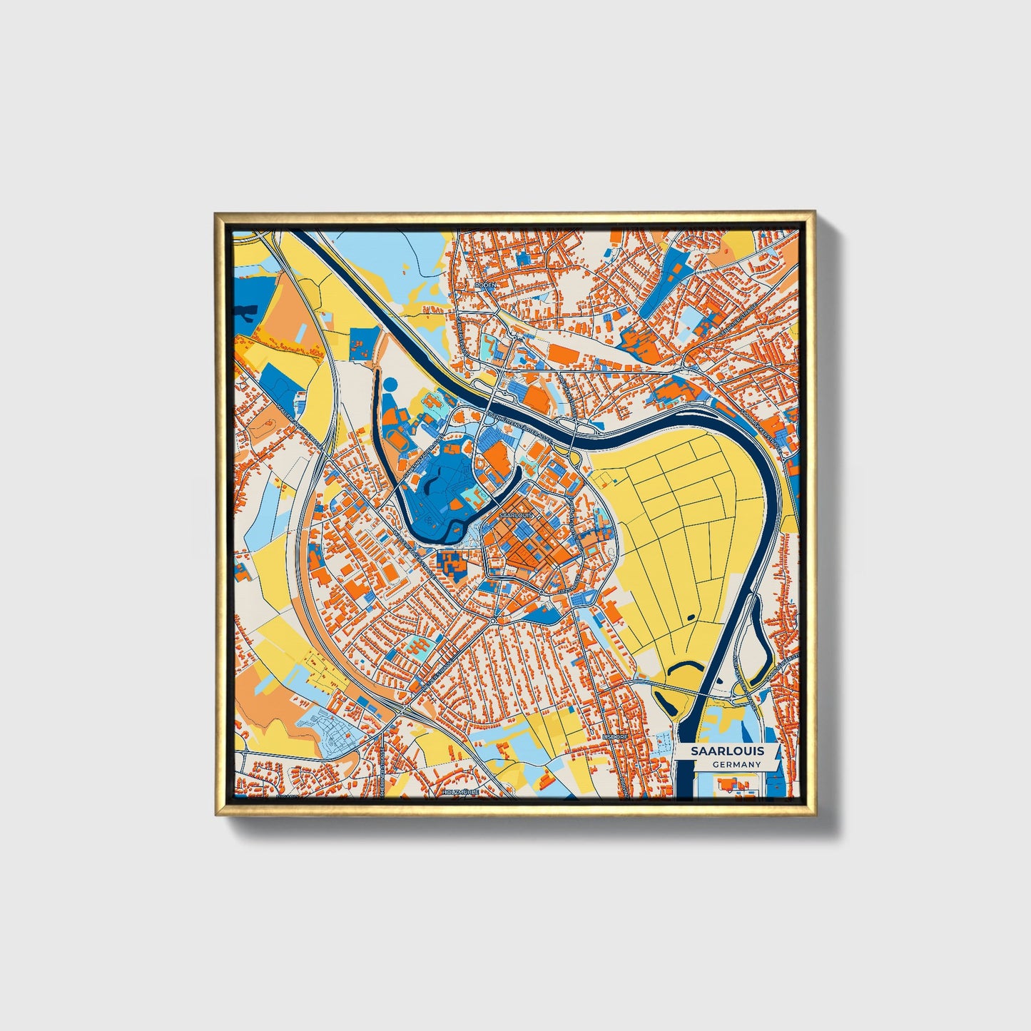 Saarlouis Germany Colorful City Map Canvas Print • Gold Framed