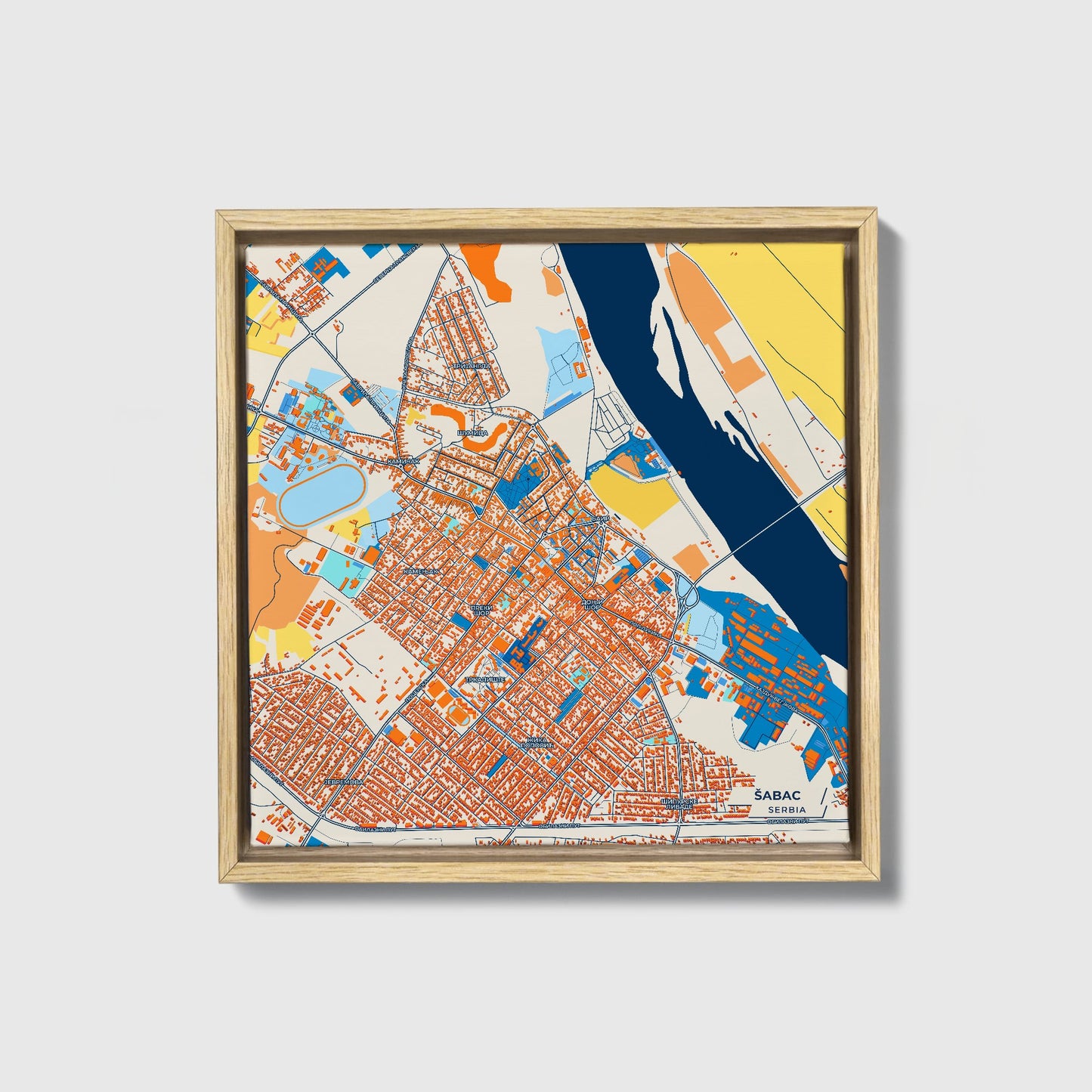 Шабац Serbia Colorful City Map Canvas Print • Natural Wooden Framed