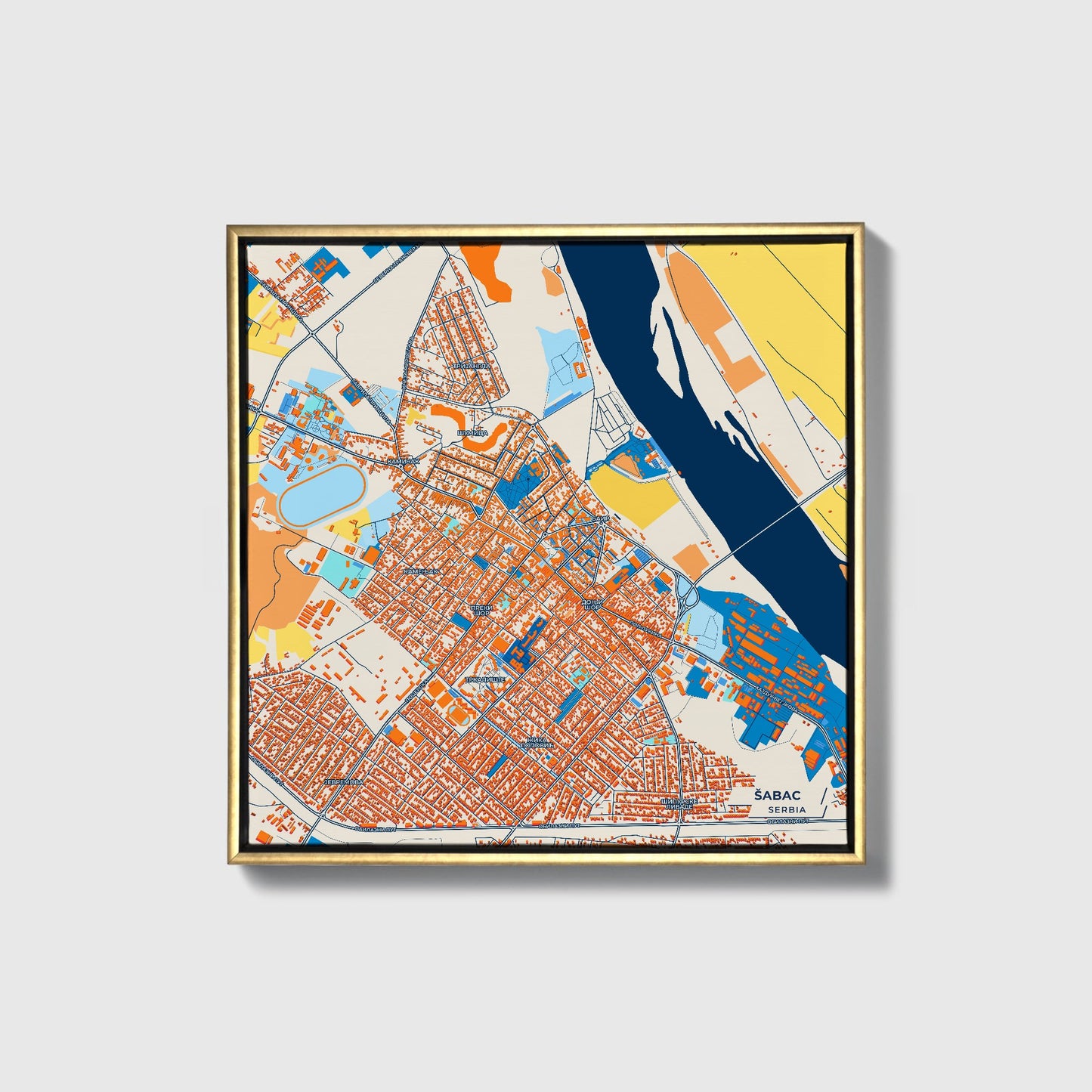 Шабац Serbia Colorful City Map Canvas Print • Gold Framed