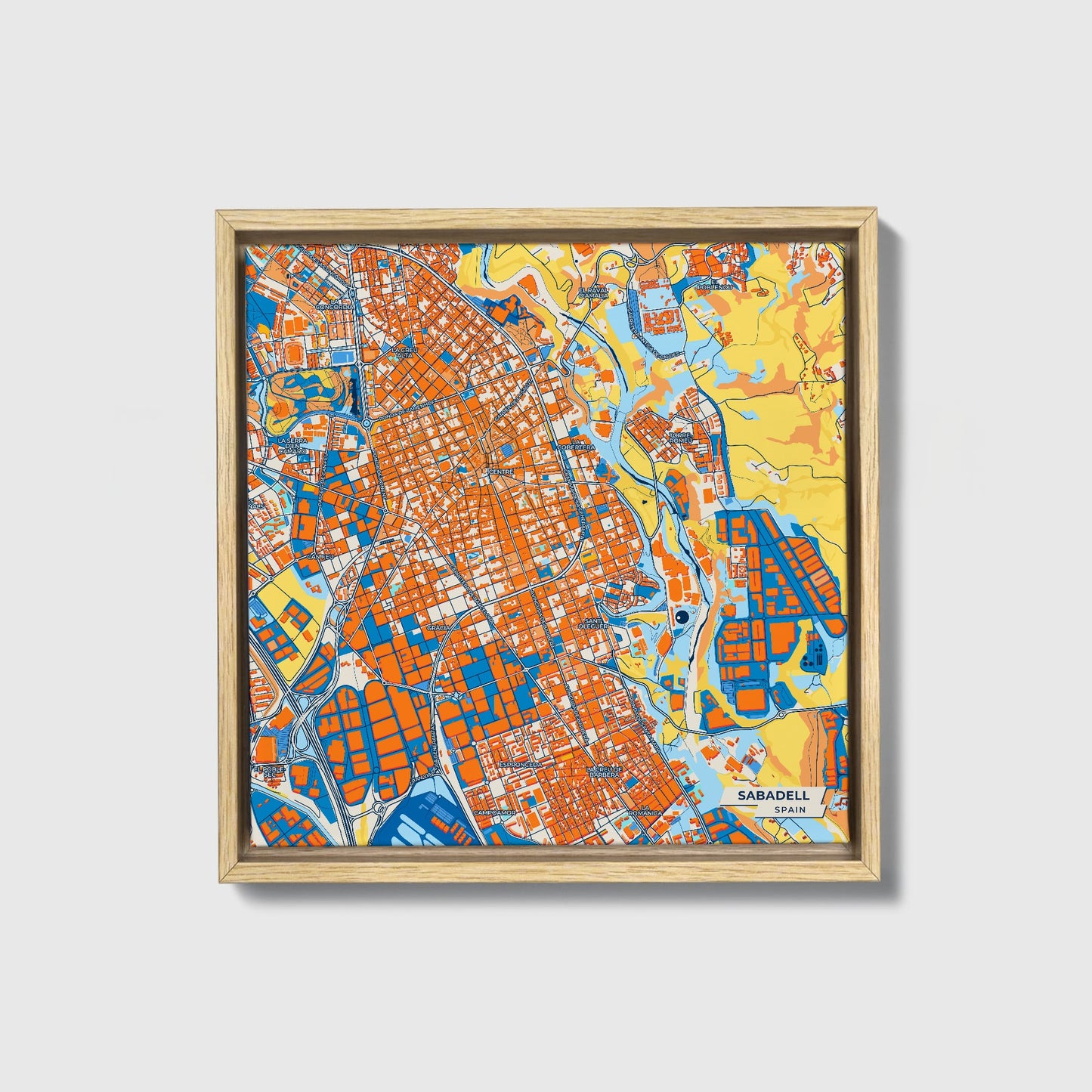 Sabadell Spain Colorful City Map Canvas Print • Natural Wooden Framed