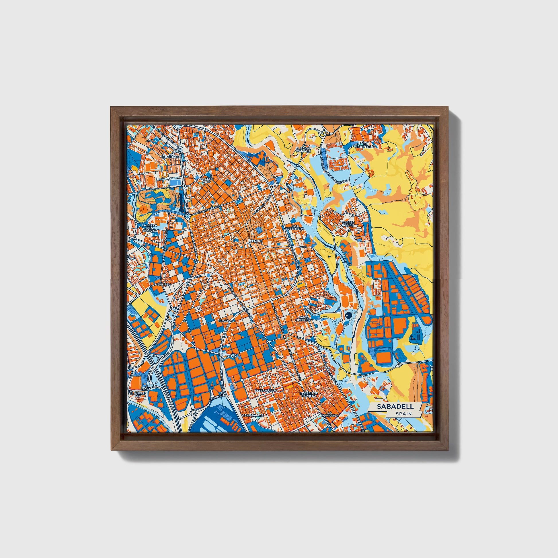 Sabadell Spain Colorful City Map Canvas Print • Dark Wooden Framed