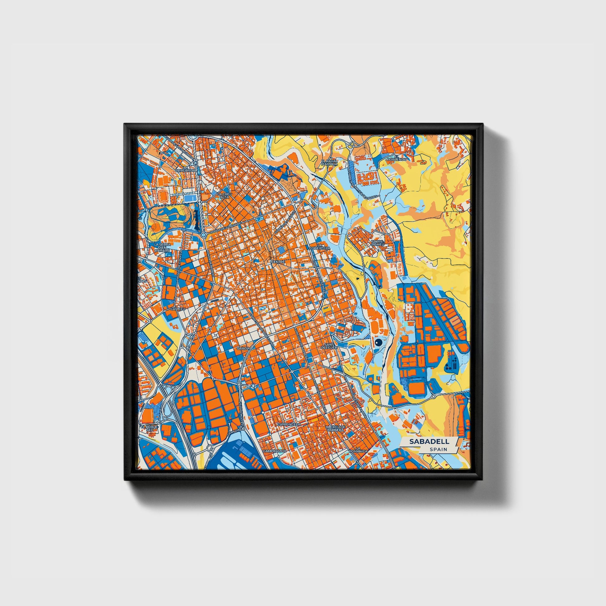 Sabadell Spain Colorful City Map Canvas Print • Black Framed