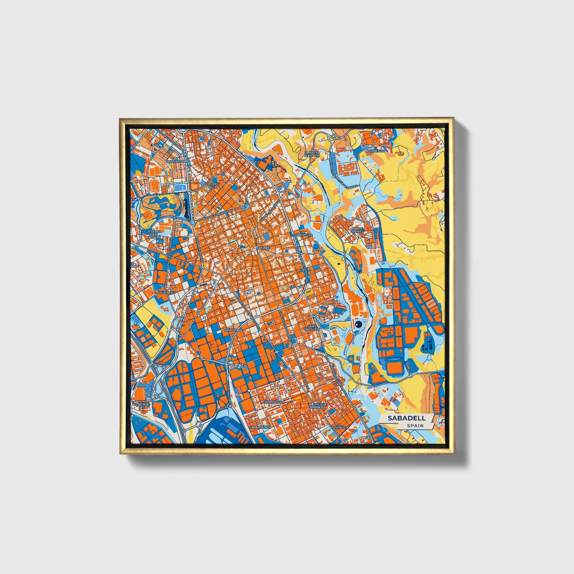 Sabadell Spain Colorful City Map Canvas Print • Gold Framed