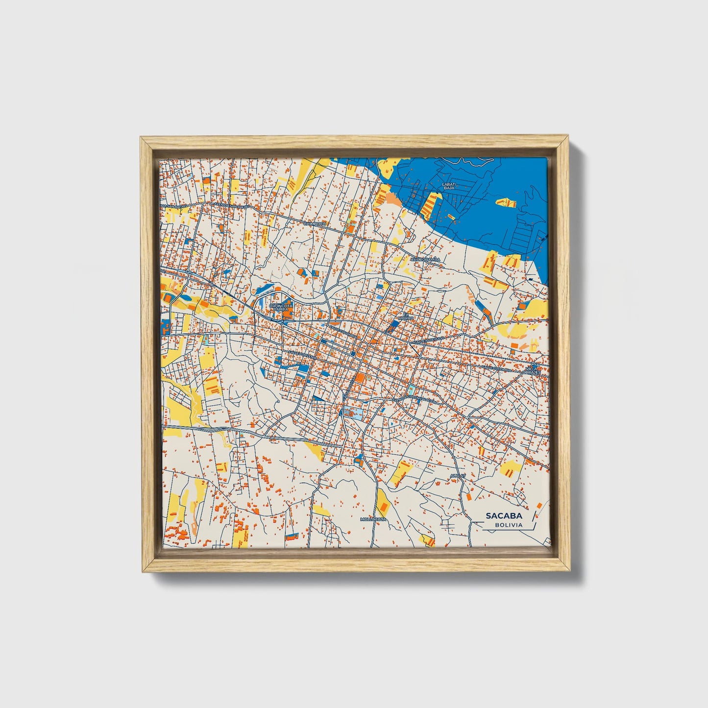 Sacaba Bolivia Colorful City Map Canvas Print • Natural Wooden Framed