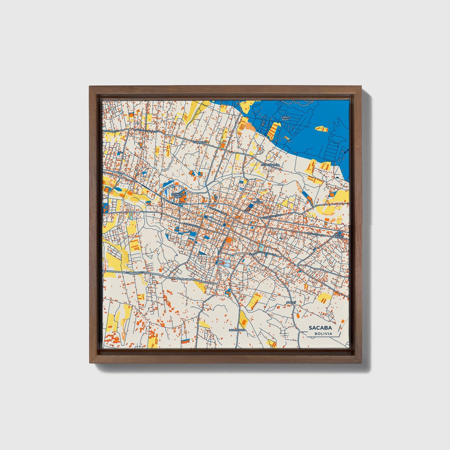 Sacaba Bolivia Colorful City Map Canvas Print • Dark Wooden Framed