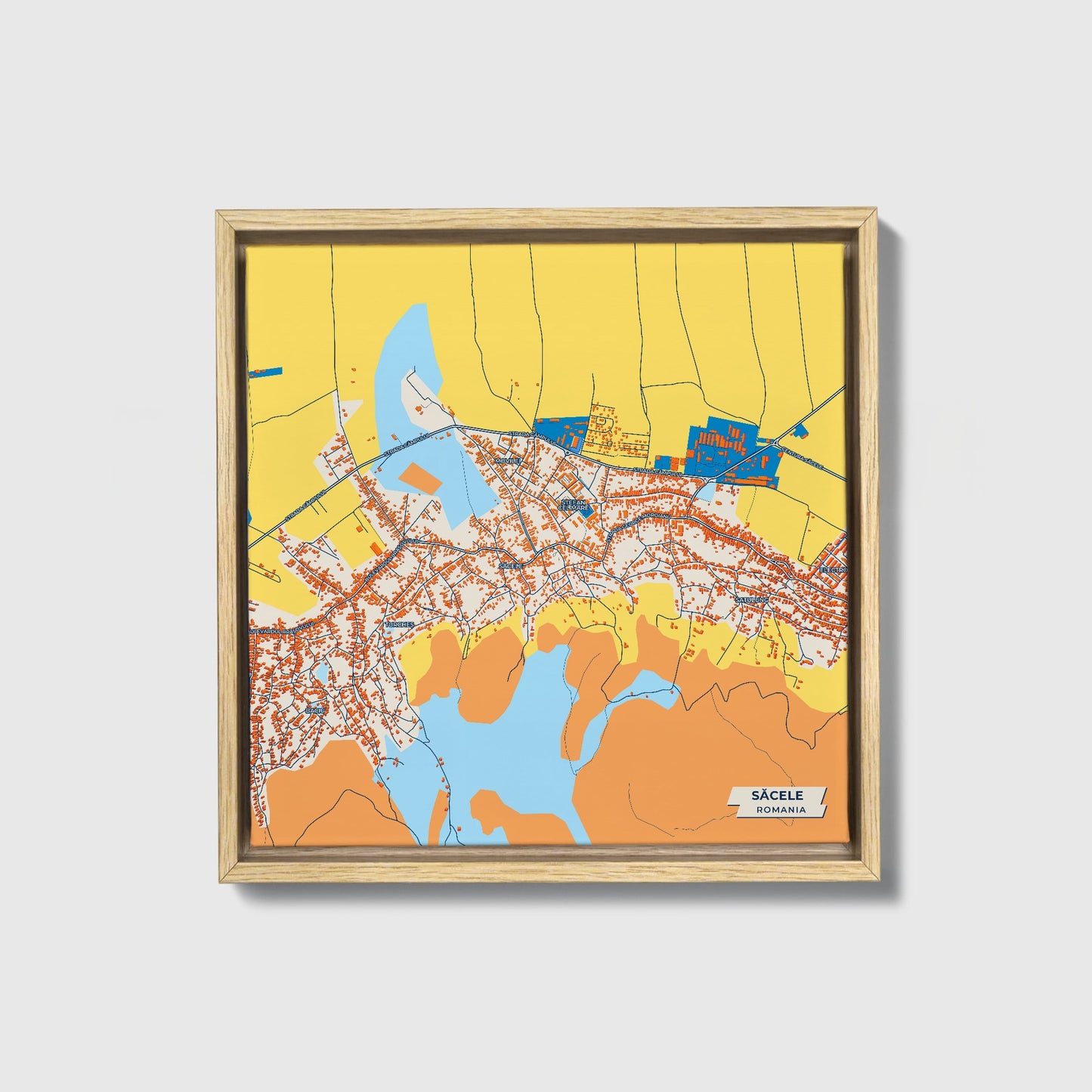 Săcele Romania Colorful City Map Canvas Print • Natural Wooden Framed