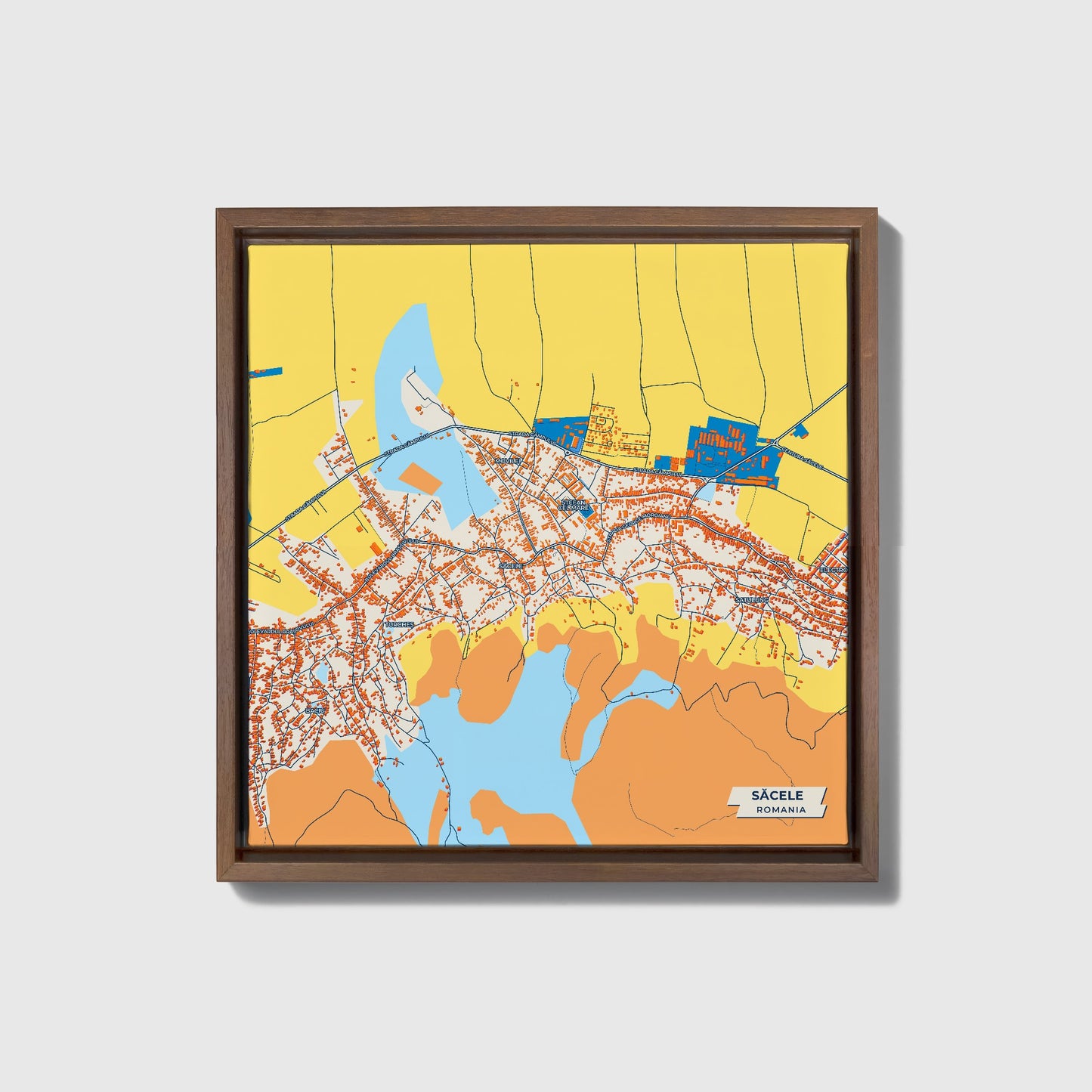 Săcele Romania Colorful City Map Canvas Print • Dark Wooden Framed