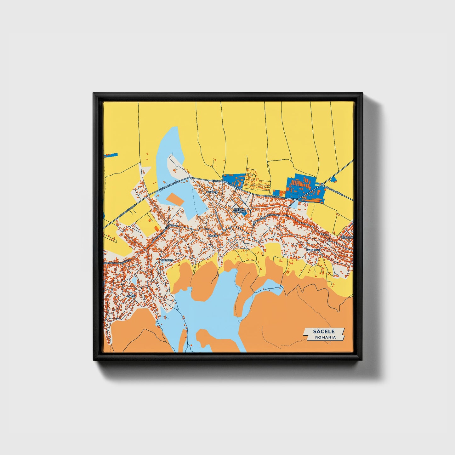 Săcele Romania Colorful City Map Canvas Print • Black Framed