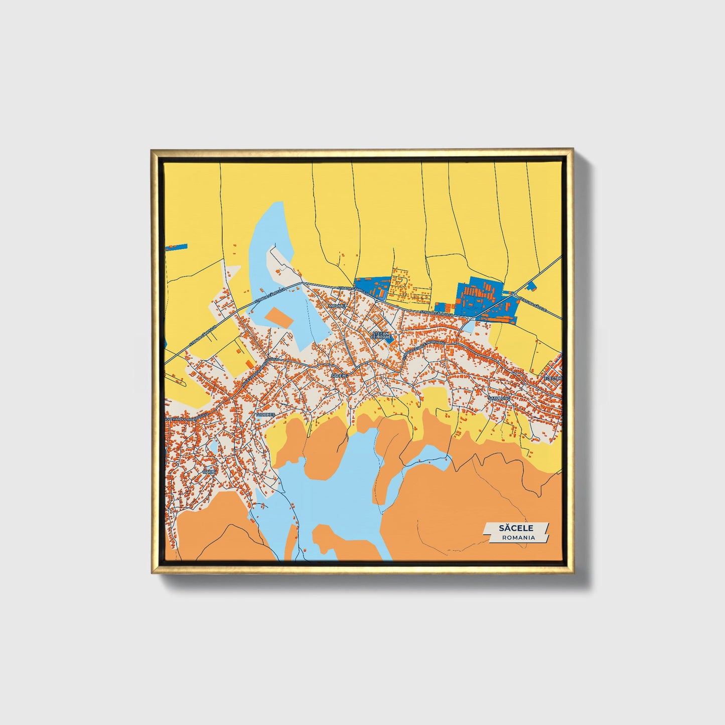 Săcele Romania Colorful City Map Canvas Print • Gold Framed