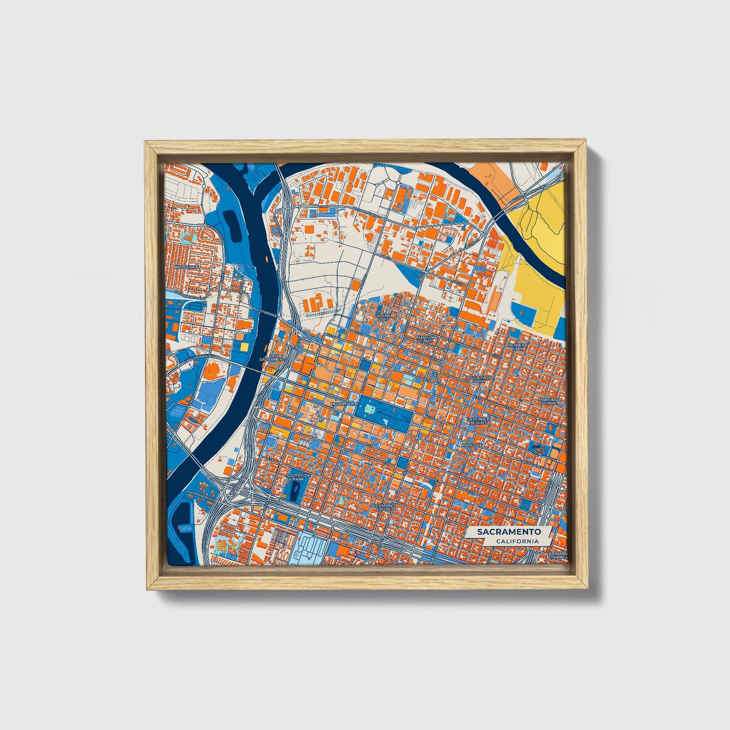 Sacramento California Colorful City Map Canvas Print • Natural Wooden Framed
