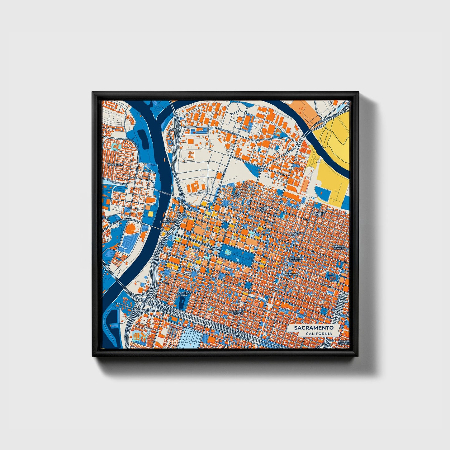 Sacramento California Colorful City Map Canvas Print • Black Framed