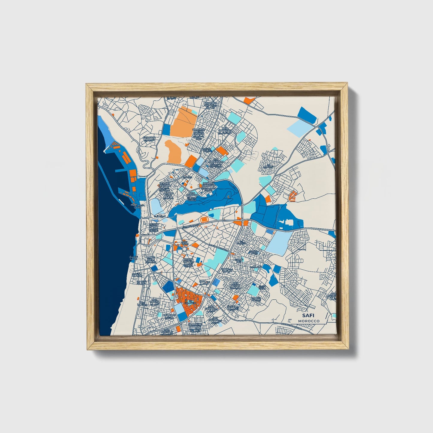 Safi Morocco Colorful City Map Canvas Print • Natural Wooden Framed
