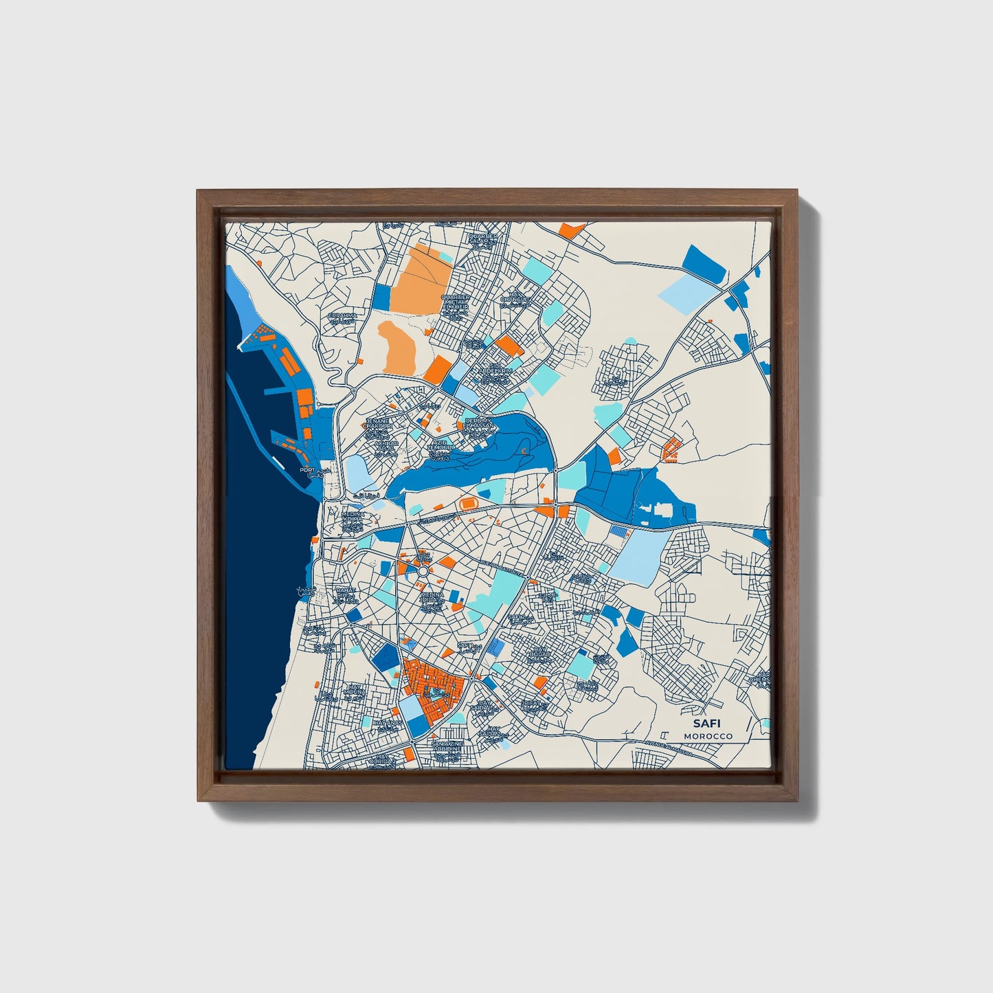 Safi Morocco Colorful City Map Canvas Print • Dark Wooden Framed