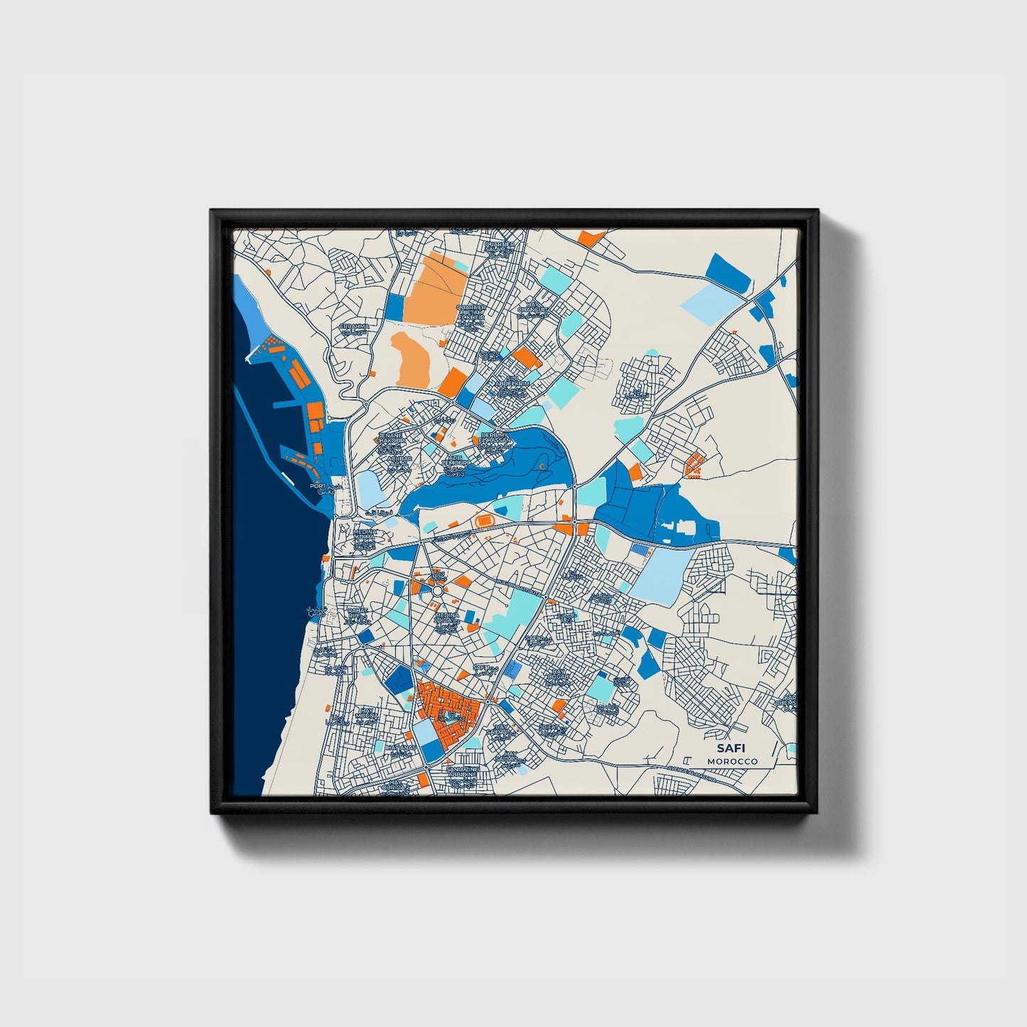 Safi Morocco Colorful City Map Canvas Print • Black Framed